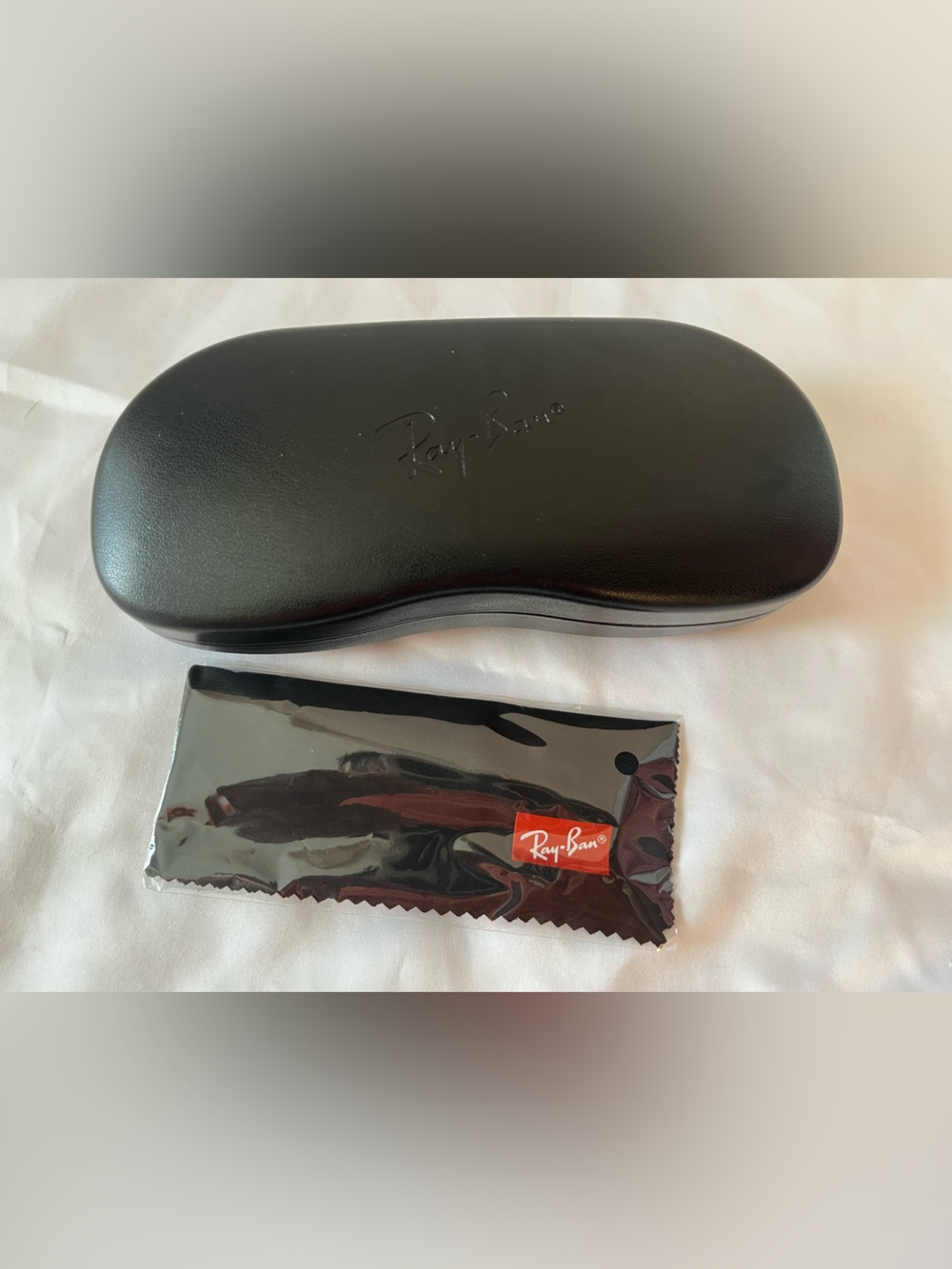 Ray-Ban Black and Cream Sunglasses Case with Red Logo Microfiber Cloth